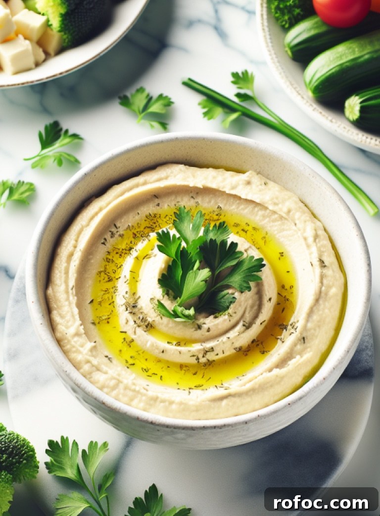 top down shot of high protein hummus in a bowl with cilantro on top 