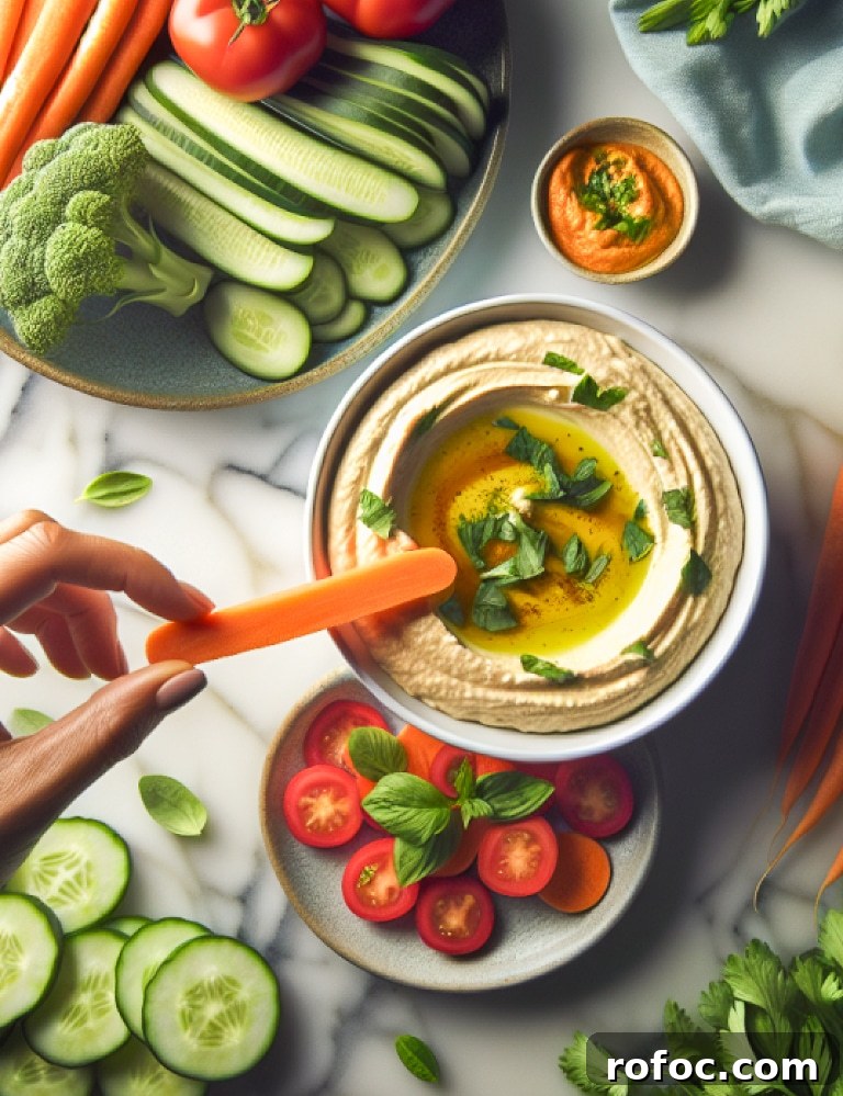 top down shot of hummus in a bowl with a hand holding a carrot about to dip with veggies in the background