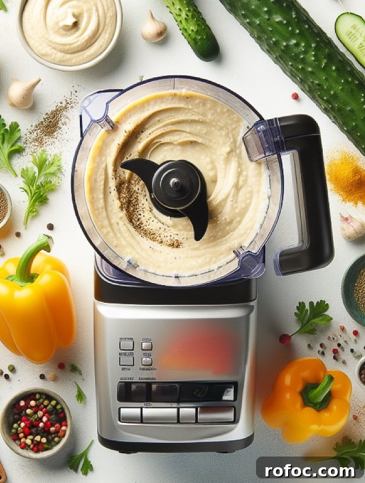top down shot of hummus in a food processor with a yellow pepper beside it