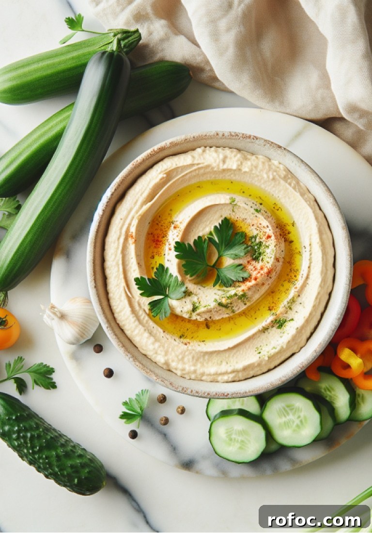 top down shot of high protein hummus in a bowl with veggies surrounding it 