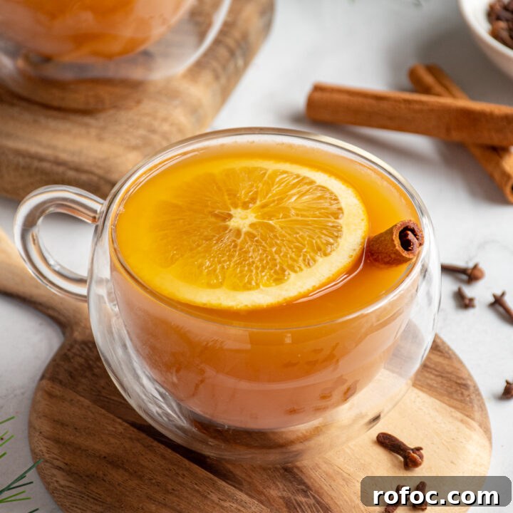 A glass mug filled with crockpot Christmas wassail with an orange slice floating on top next to a cinnamon stick.