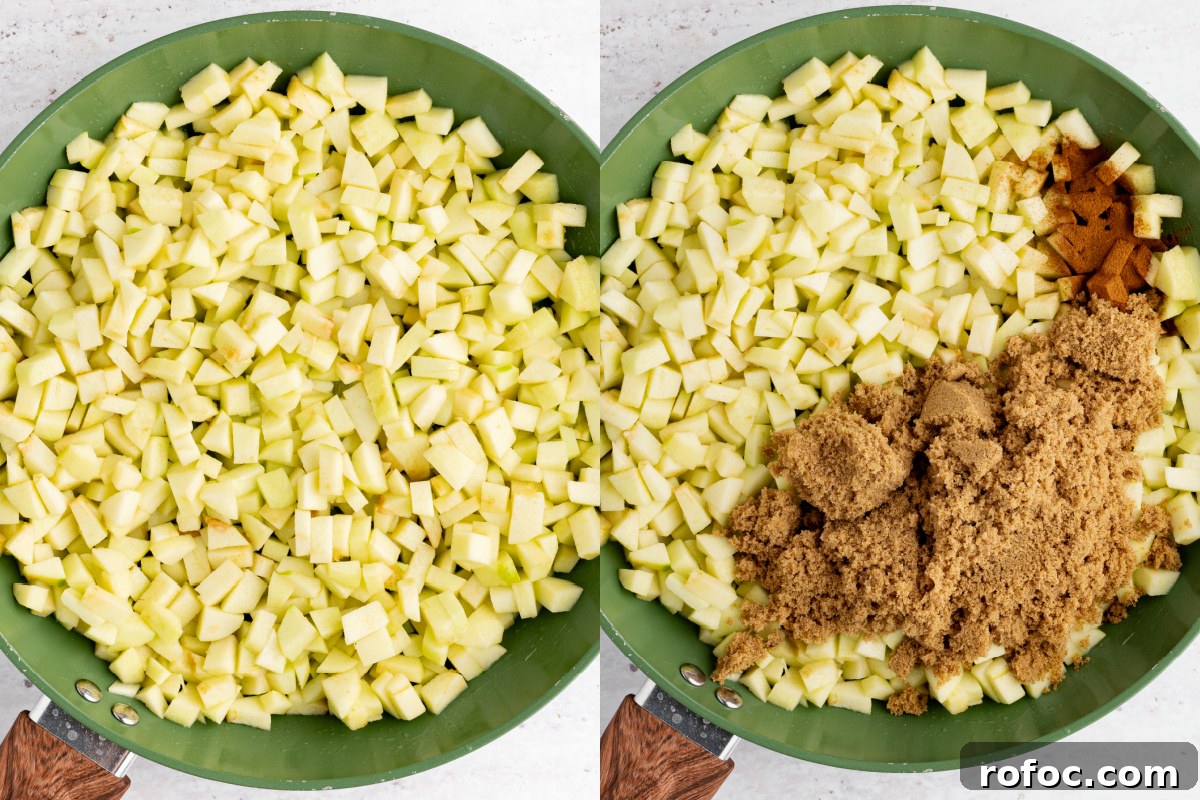 Homemade Apple Hand Pies: Flaky Mini Pastry Recipe 3 sauteeing cut apple pieces in a skillet with butter before and after adding the cinnamon and brown sugar.