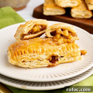 Homemade Apple Hand Pies: Flaky Mini Pastry Recipe 8 An apple hand pie split into two pieces sits next to a whole apple hand pie on a plate for serving.