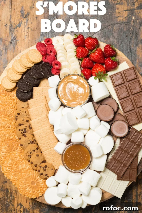 S'mores Party Board Ideas for Gatherings and Dessert Nights 2 A large wooden board with various marshmallows, cookies, chocolates, and toppings to make s'mores.