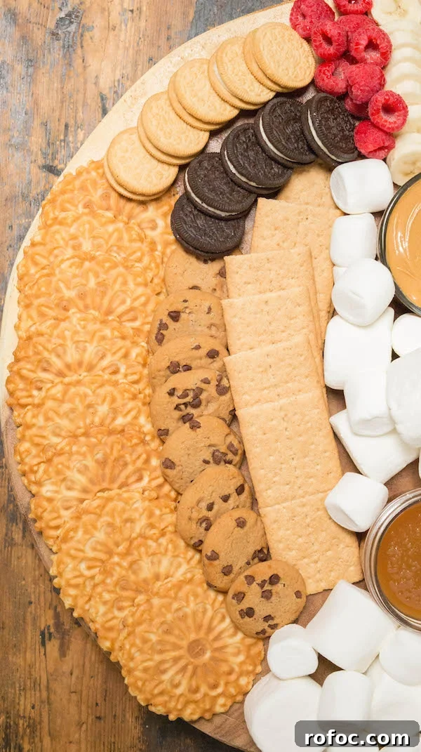S'mores Party Board Ideas for Gatherings and Dessert Nights 3 Graham Crackers, Oreos, and Chocolate Chip Cookies on a s'mores board.