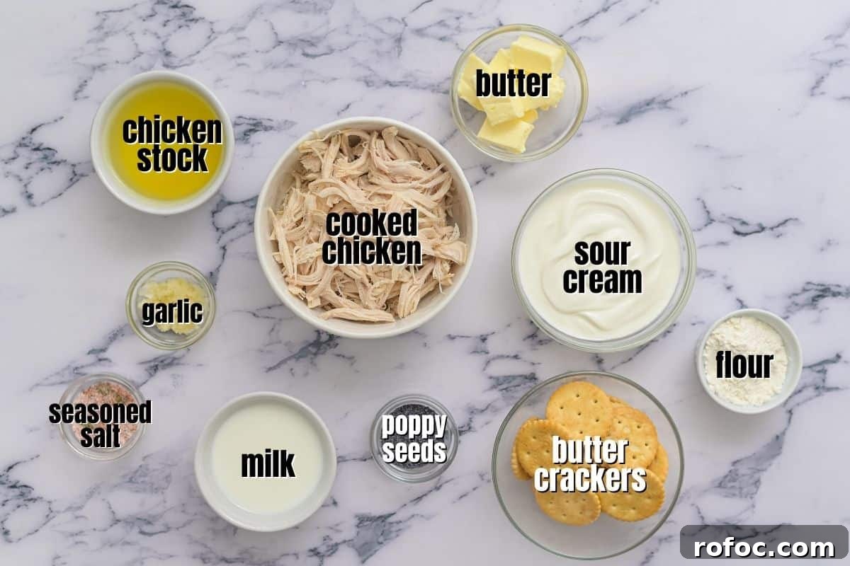 Chicken Poppy Seed Casserole Ingredients for poppy seed chicken labeled on counter.