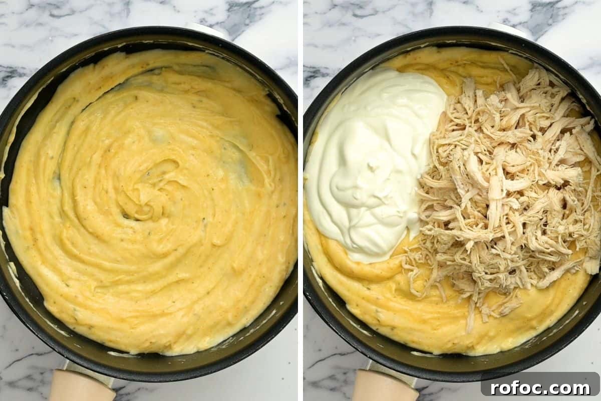 Healthy Chicken Poppy Seed Casserole Side by side sauce pan with homemade cream of chicken and then with sour cream and chicken added to the pan.
