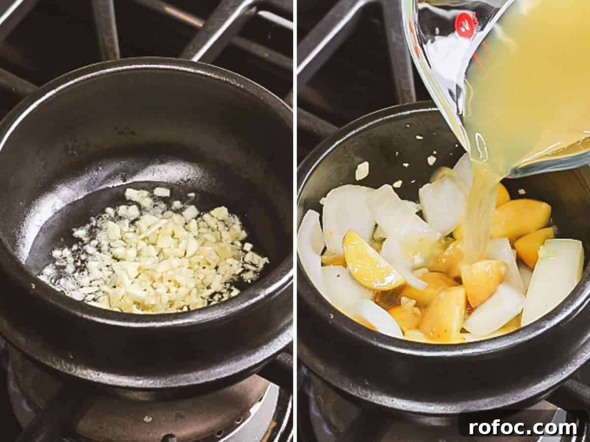 Authentic Doenjang Jjigae Recipe: Korean Soybean Paste Stew Guide 5 Photo collage of sauteed garlic and stock added to onions and potatoes.