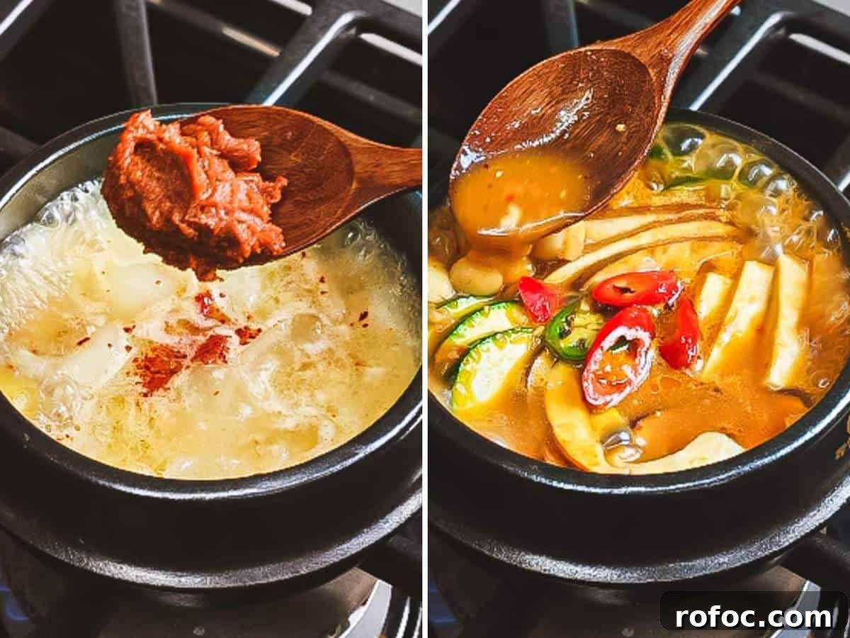 Authentic Doenjang Jjigae Recipe: Korean Soybean Paste Stew Guide 6 Photo collage of doenjang paste added to stock and doenjang jjigae boiling with vegetables.