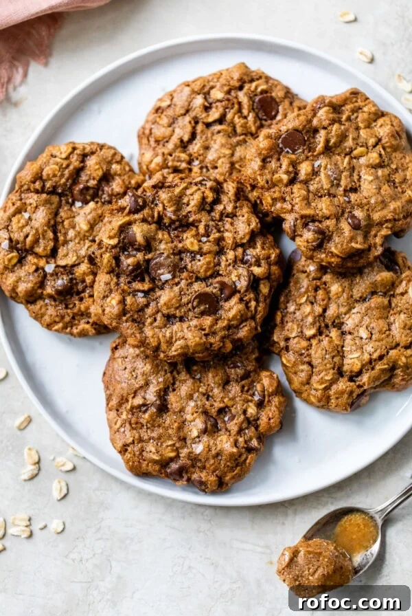a plate of almond butter oatmeal cookies with chocolate chips
