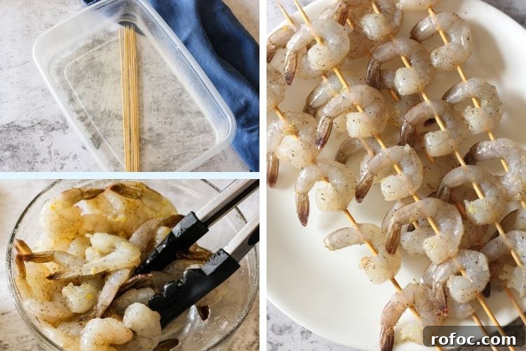 Perfect Grilled Shrimp: Quick Charred Shrimp Recipe for Summer 3 collage of skewers in water, seasoning shrimp and shrimps on skewer