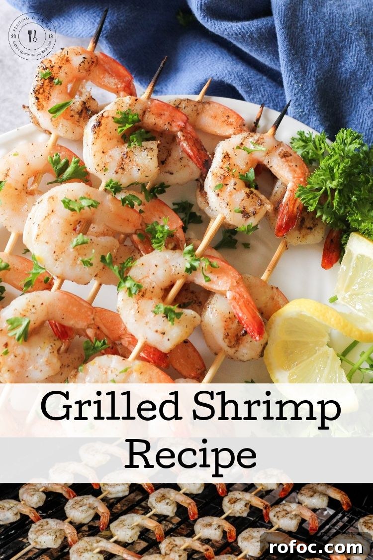 Grilled shrimp recipe split image of grilled shrimp on a plate and grill with the words grilled shrimp recipe in the center
