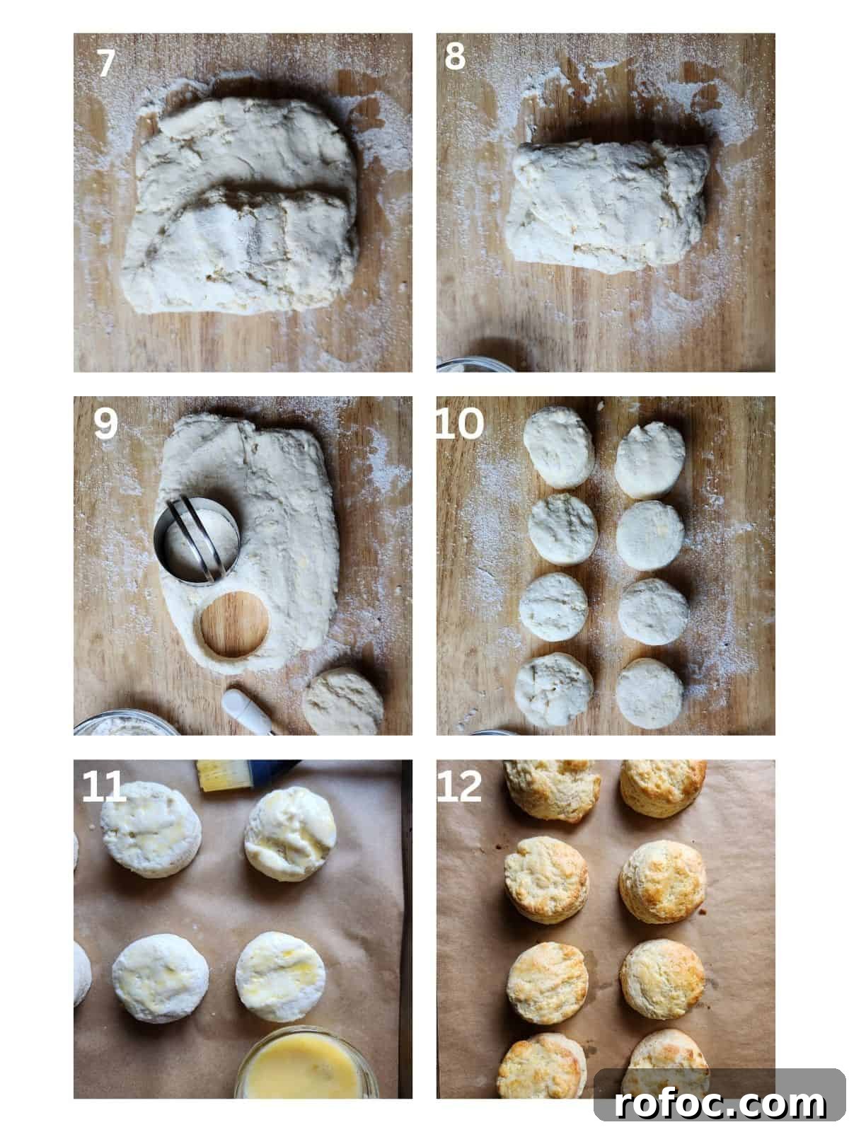 A six picture collage showing how roll and cut biscuits.
