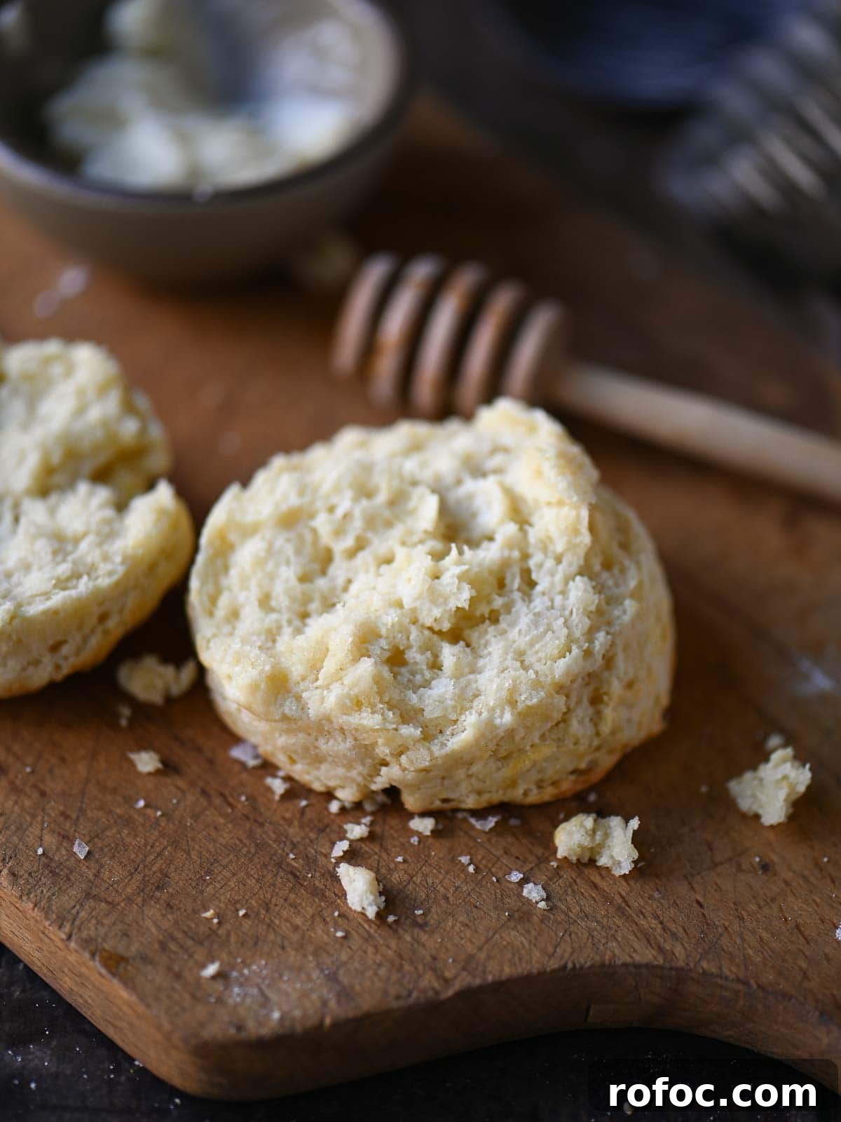 Close-up showing a cut biscuit showing it's fluffy texture.