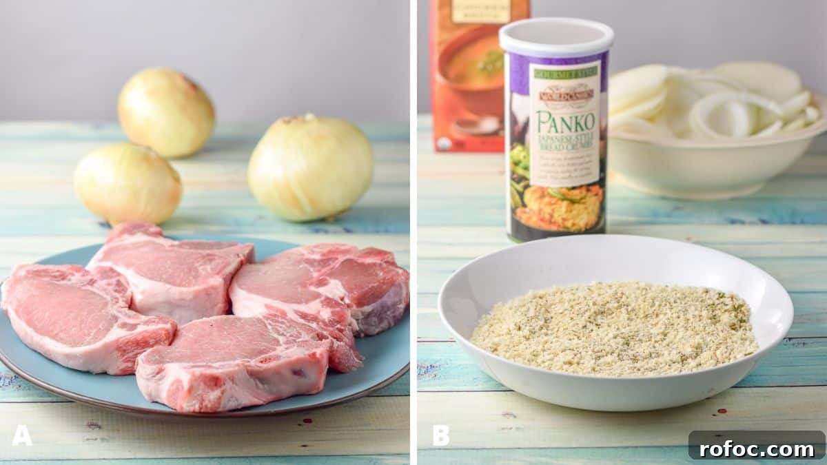 Juicy Pan-Seared Pork Chops with Garlic Butter Sauce 4 Left - raw pork chops on a blue plate with three onions. Right - breadcrumbs in a deep dish, with the container in back with chicken broth, and sliced onions