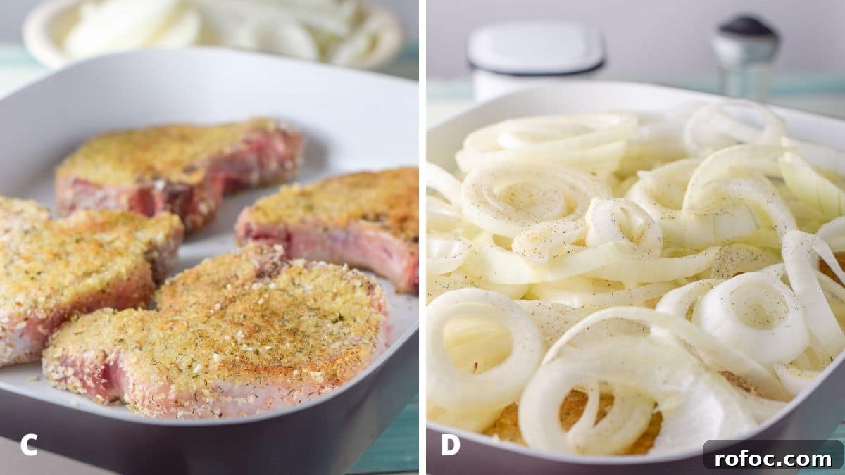 Juicy Pan-Seared Pork Chops with Garlic Butter Sauce 5 Pork chops sauteed in the pan with onions on top with salt and pepper