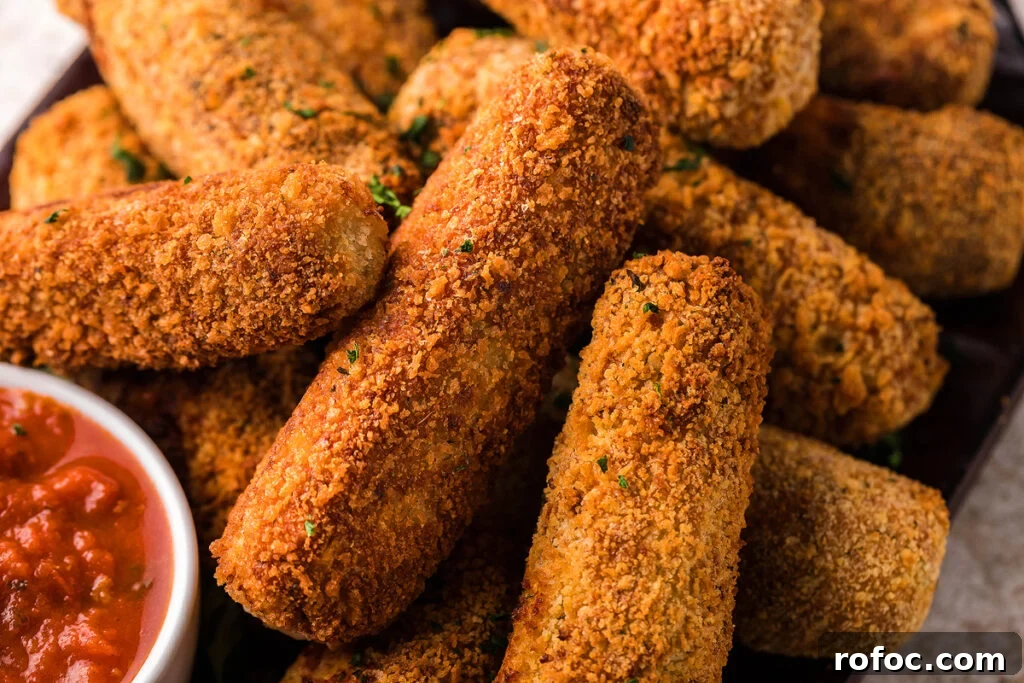 50 Quick Dinner Ideas to Make When You Don't Feel Like Cooking 11 Overhead view of homemade chicken mozzarella sticks on a platter.