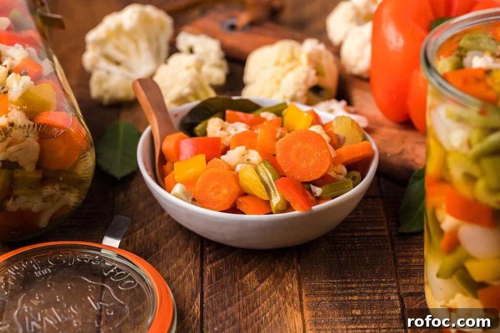 50 Quick Dinner Ideas to Make When You Don't Feel Like Cooking 12 Homemade giardiniera in a small white bowl.