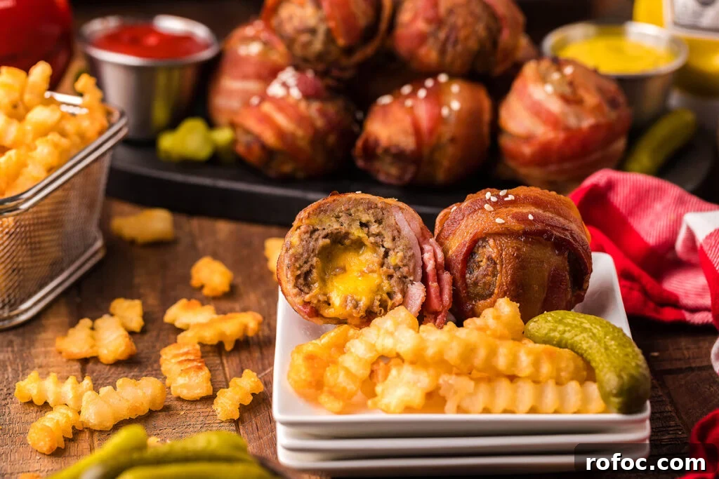 50 Quick Dinner Ideas to Make When You Don't Feel Like Cooking 7 A plate with bacon wrapped cheeseburger bites and some fries.