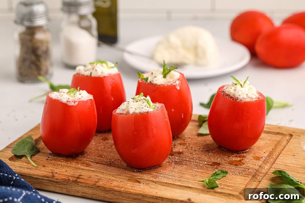 50 Quick Dinner Ideas to Make When You Don't Feel Like Cooking 10 Tomatos filled with burrata on a serving tray.