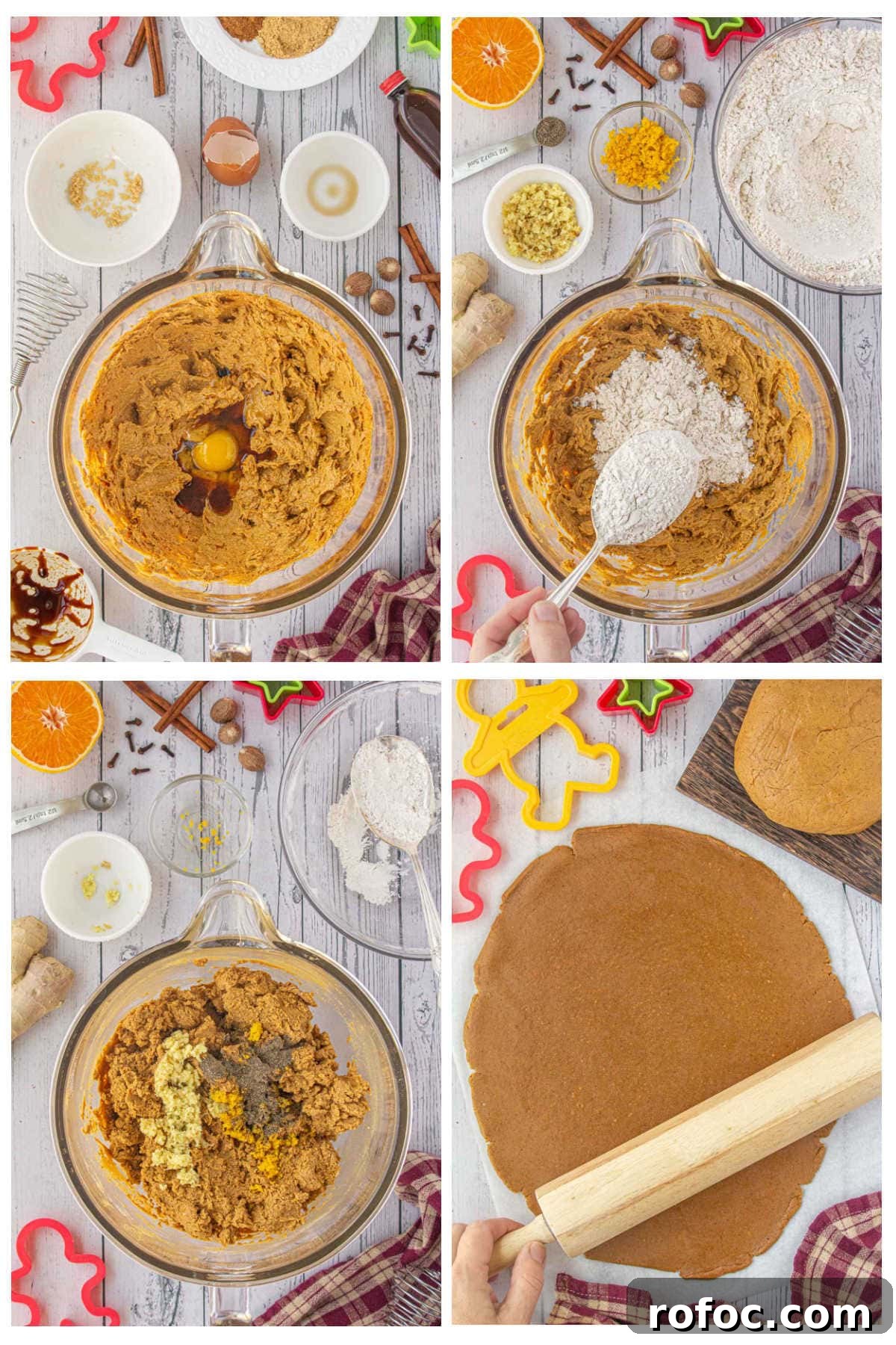 Gingerbread Cutout Cookies: Classic Spiced Cookie Recipe for Decorating 5 Step-by-step collage showing how to make gingerbread cut-out cookies for Christmas: mixing dough with eggs and molasses in a bowl, adding flour and spices, incorporating orange zest and fresh ginger, then rolling the dough flat with a rolling pin next to cookie cutters.