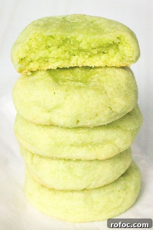 Zesty Lime Jello Sugar Cookie Recipe for Bright, Chewy Cookies 4 a stack of green unfrosted lime jello sugar cookies