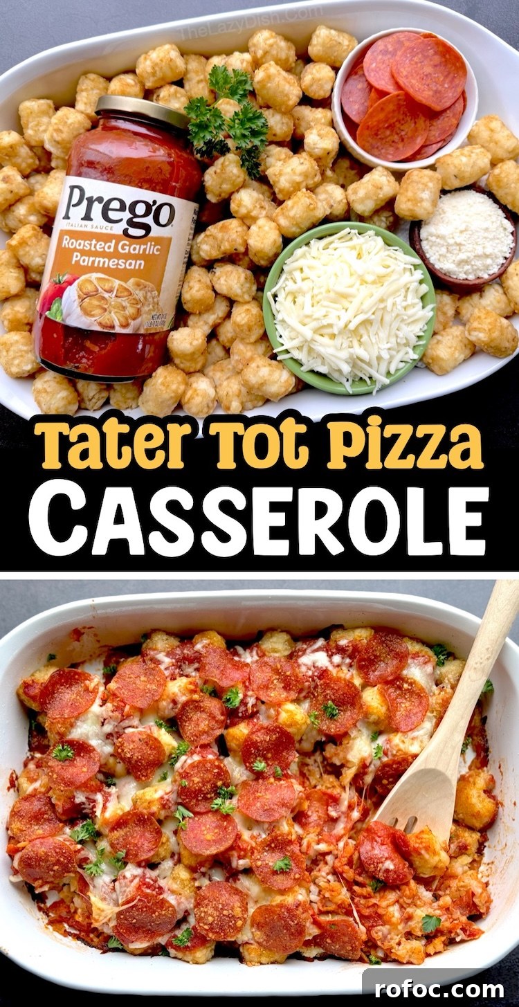 Tater Tot Pizza Casserole Recipe for Family Weeknight Meals 11 Frozen Tater Tot Pizza Casserole is a simple weeknight meal that's quick and easy to make with cheap ingredients. It's low prep, versatile, and kid friendly, making for a fast dinner for busy school nights.