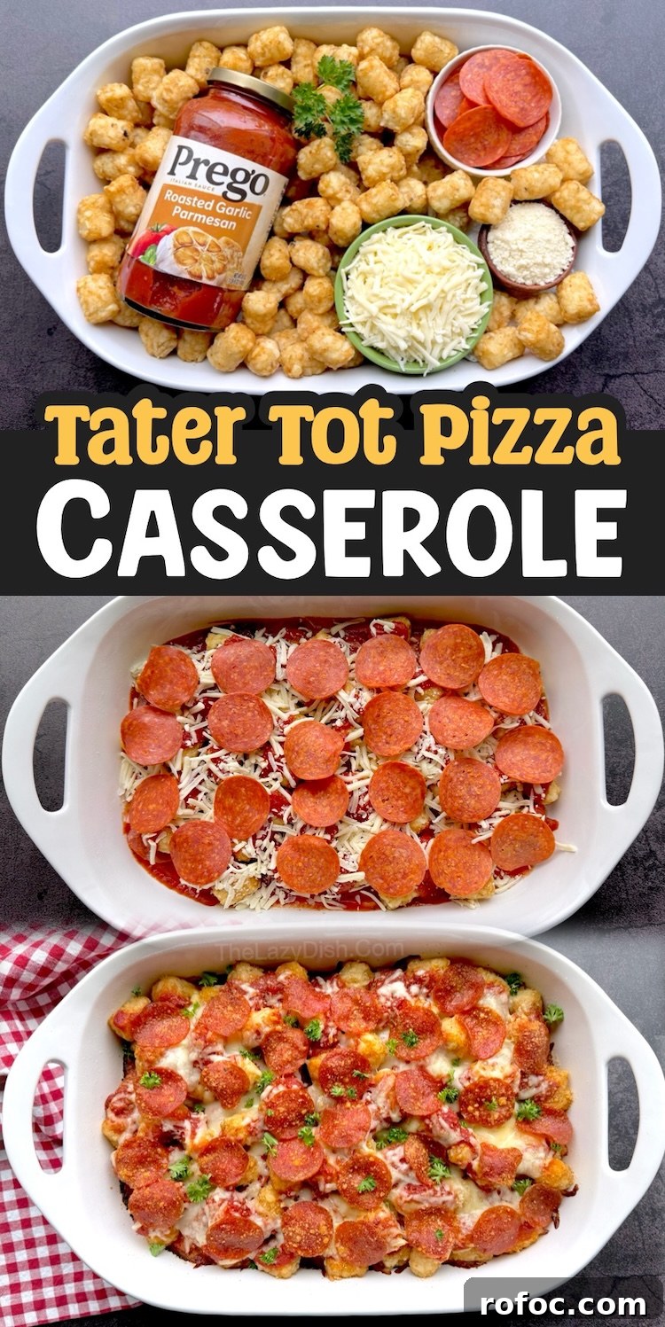 Tater Tot Pizza Casserole Recipe for Family Weeknight Meals 12 Step by step instructions on how to make a delicious frozen tater tot dinner casserole with yummy pizza ingredients including pepperoni, mozzarella, and sauce.