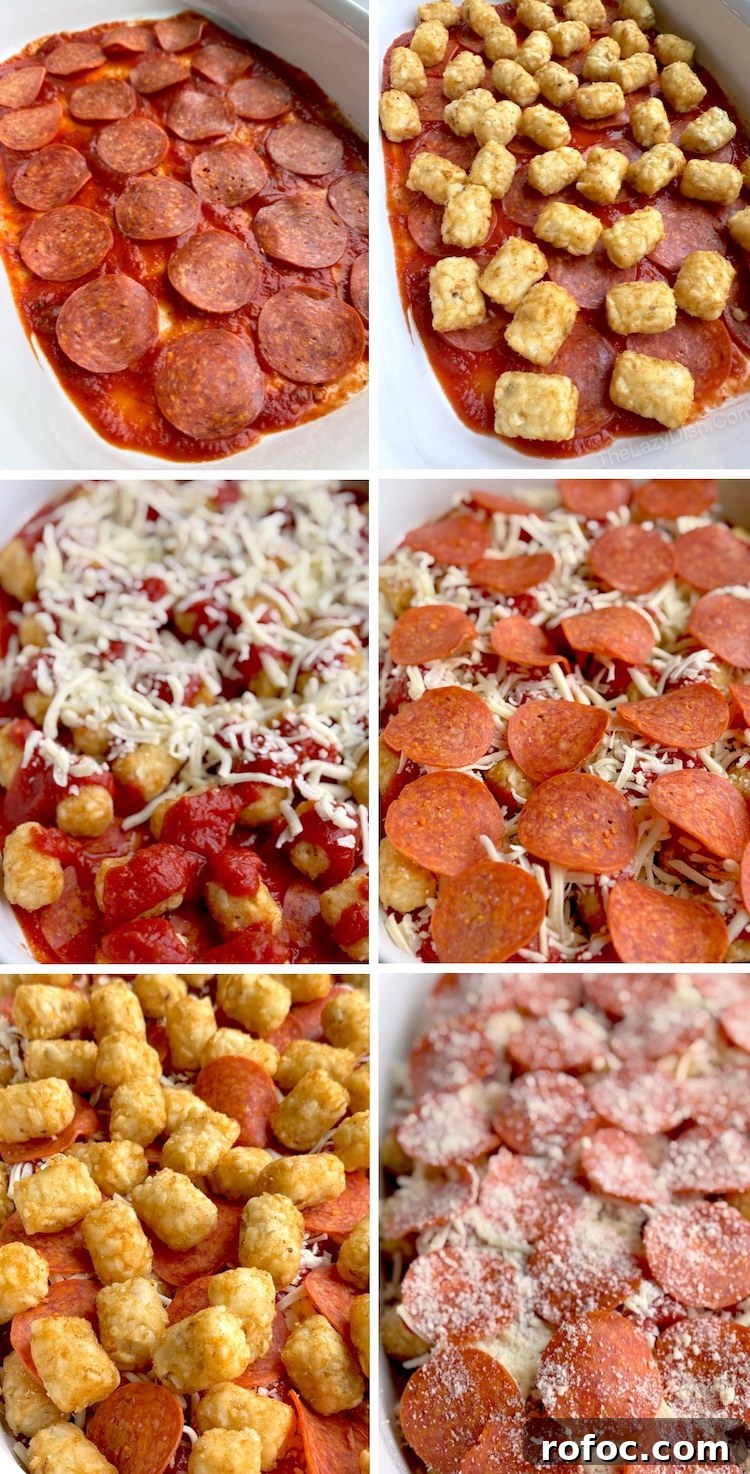 Tater Tot Pizza Casserole Recipe for Family Weeknight Meals 6 Easy cheap 5 ingredient dump and bake dinner made with tater tots and pizza ingredients.
