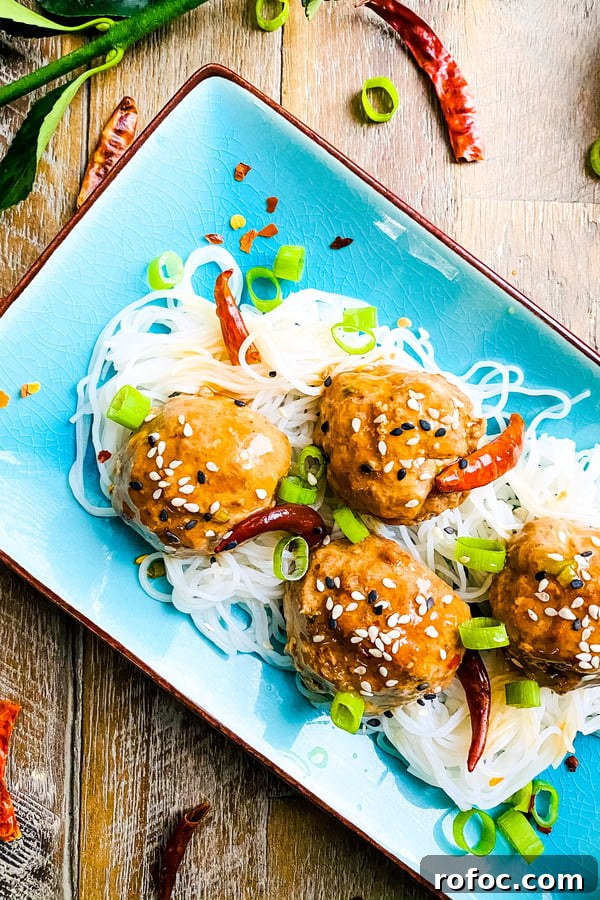 spicy meatballs with red chili peppers over rice noodles
