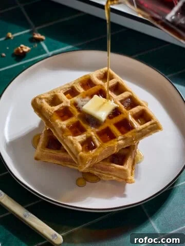 Syrup pouring onto a stack of Sourdough Sweet Potato Waffles.
