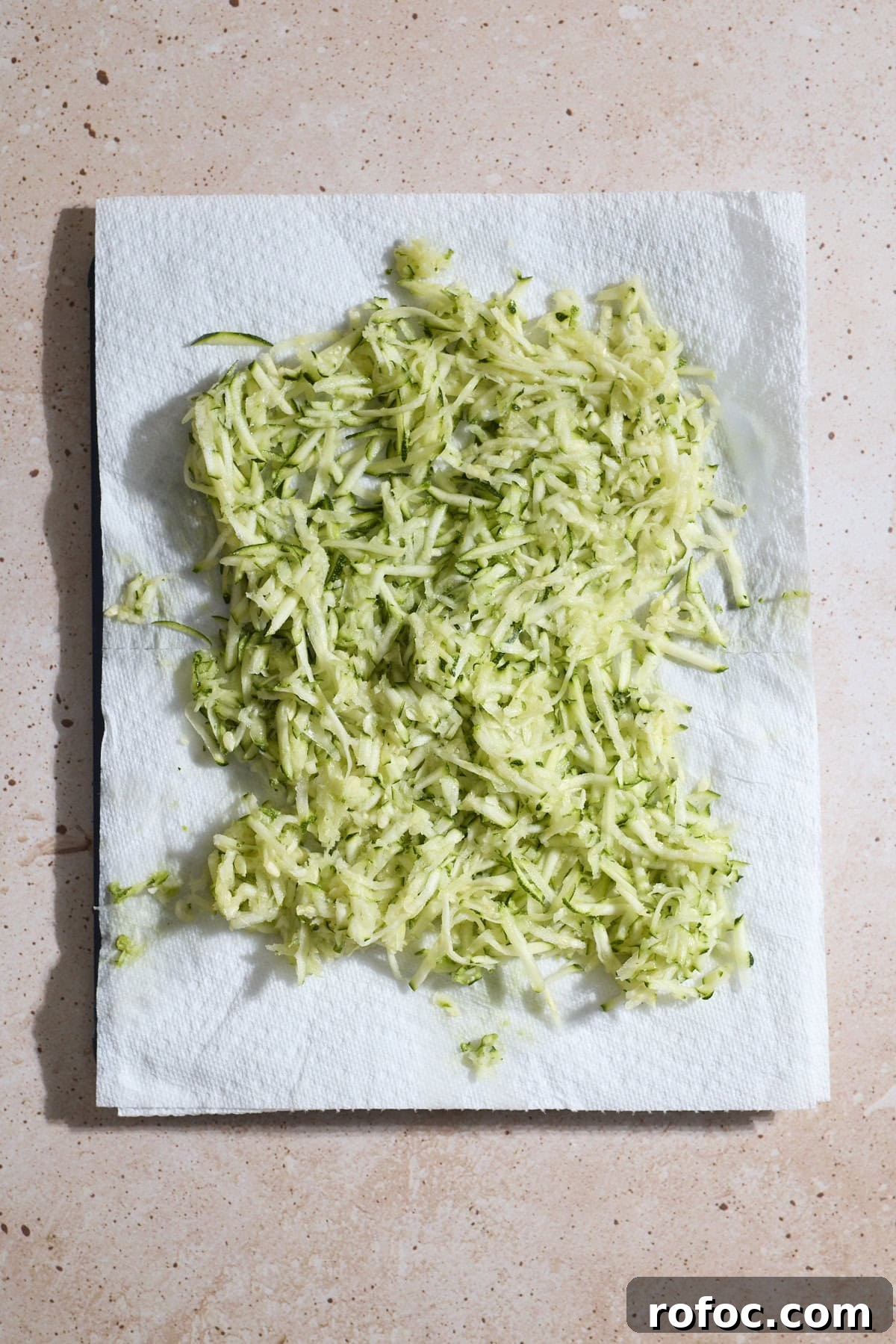Sourdough Zucchini Waffles with Crispy Golden Crust 4 Shredded zucchini on a layer of paper towels.