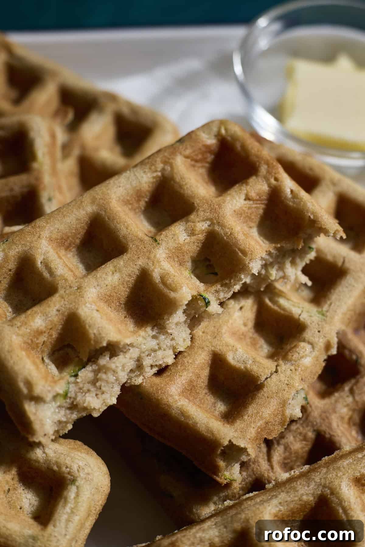 Sourdough Zucchini Waffles with Crispy Golden Crust 10 The interior of a Sourdough Zucchini Waffle.