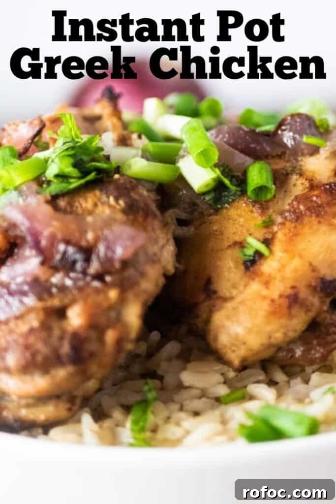 Instant Pot Greek Chicken with Lemon, Garlic & Oregano 6 Close Up of Greek Chicken over Rice Bowl
