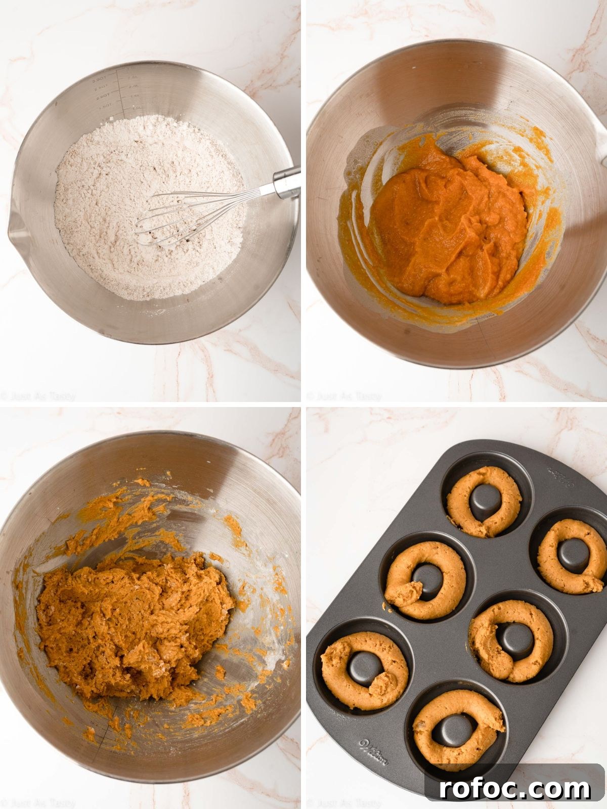 Pumpkin Spice Donuts with Maple Glaze: Fall Recipe Delight 5 Collage of four images showing the step-by-step process of making pumpkin spice donuts.