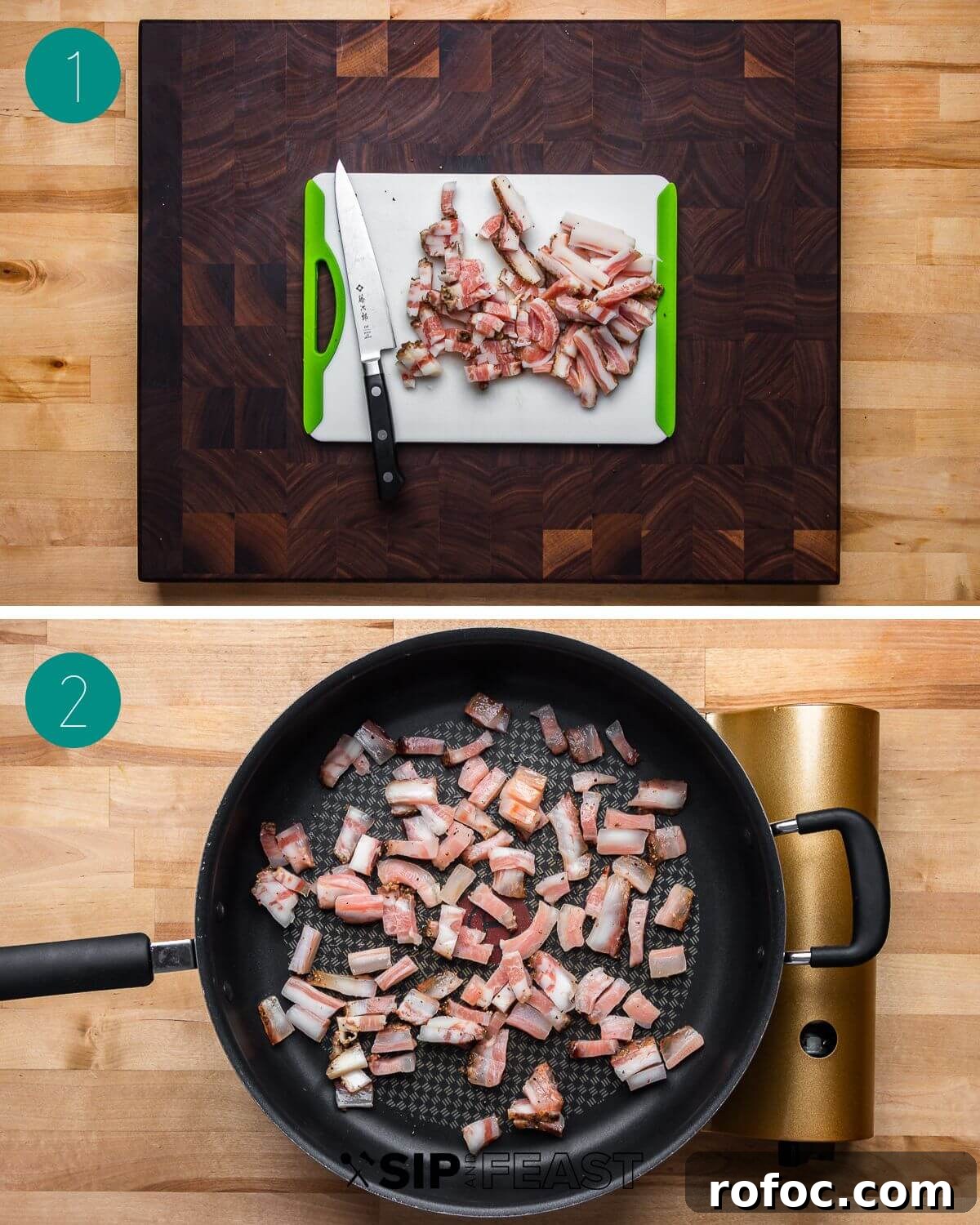 Rigatoni alla Gricia Recipe: Classic Roman Pork-Bacon Pasta 4 Rigatoni alla gricia recipe process shot collage group number one.