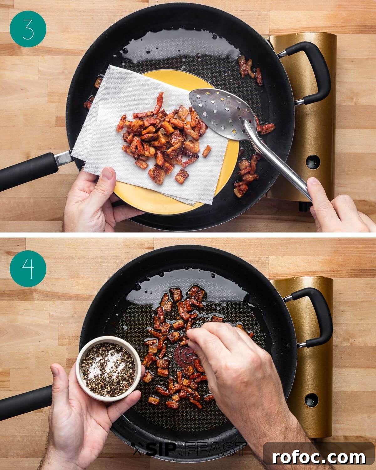Rigatoni alla Gricia Recipe: Classic Roman Pork-Bacon Pasta 5 Recipe process shot collage group number two.