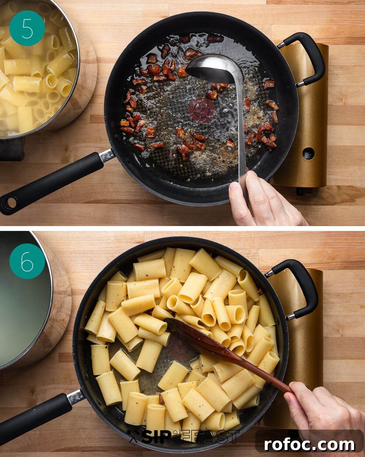 Rigatoni alla Gricia Recipe: Classic Roman Pork-Bacon Pasta 6 Recipe process shot collage group number three.