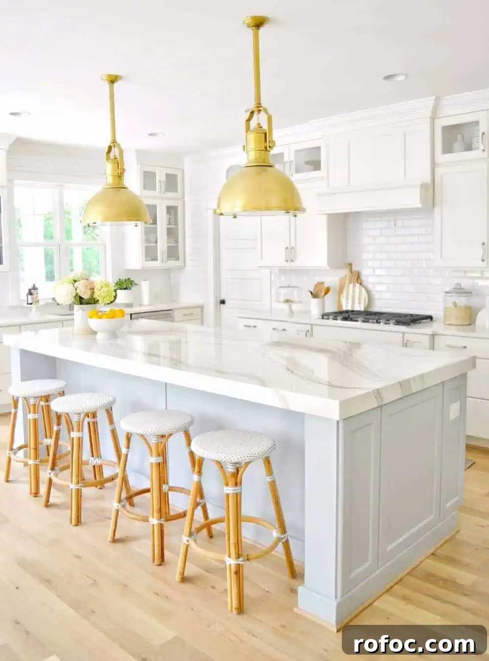 Coastal Kitchen Design Ideas with Our Complete Remodel Details 4 island and brass pendants