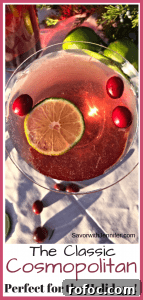 Classic Cosmopolitan Cocktail Recipe: How to Make It at Home 5 The Classic Cosmopolitan Pin showing martini glass from above with a lime and cranberries