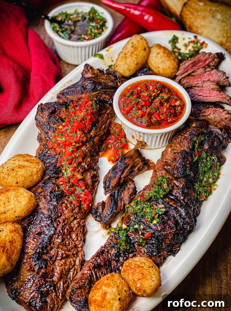 churrasco steak on a white platter with chimichurri and potatoes
