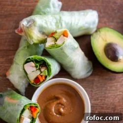 Chicken and Avocado Spring Rolls with Creamy Peanut Dipping Sauce 3 Chicken Avocado Spring Rolls Recipe | @EatBetterRecipes