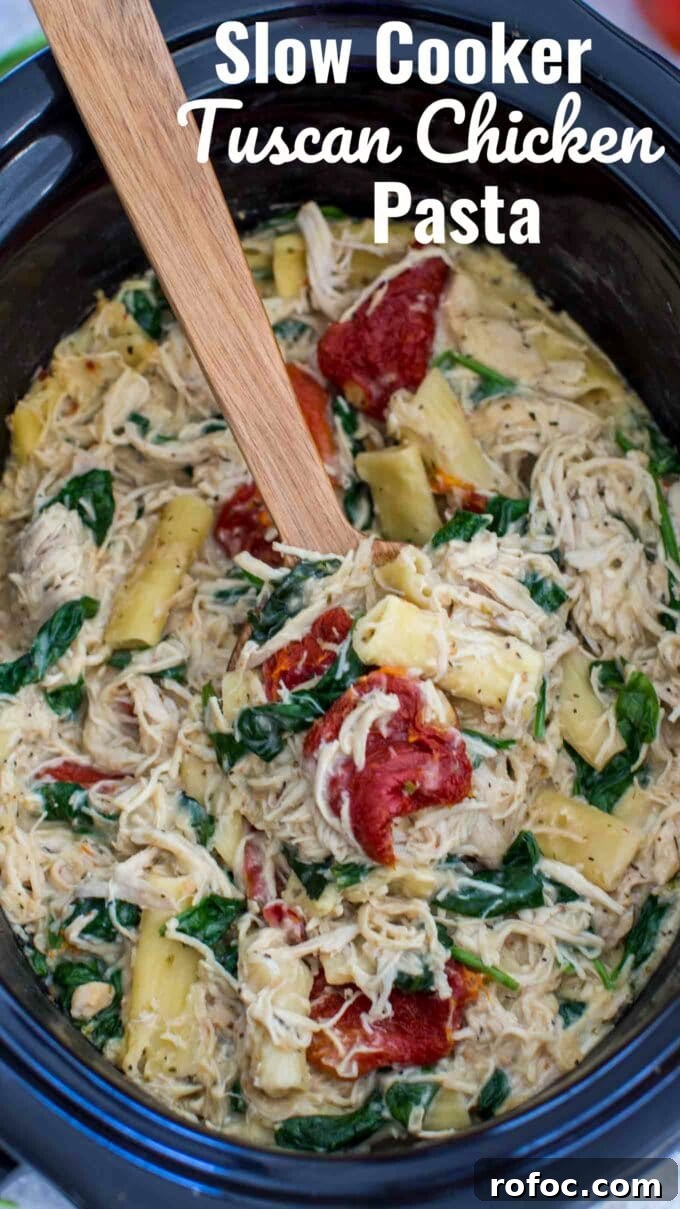 Tuscan Chicken Pasta Made in a Slow Cooker: Creamy One-Pot Meal 3 Slow Cooker Tuscan Chicken Pasta with shredded chicken