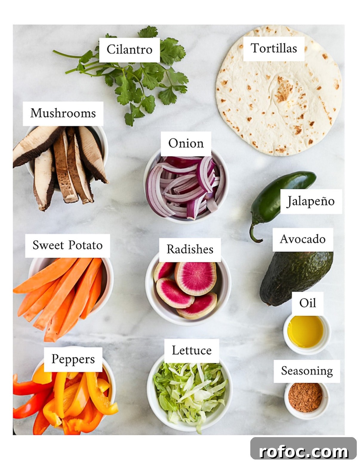 Flavor-Packed Veggie Tacos: Fresh Recipes for Every Night 3 Labeled ingredients for homemade tacos including mushrooms, sweet potato, peppers, cilantro, onion, tortillas, radishes, lettuce, jalapeno, avocado, oil, and seasoning.