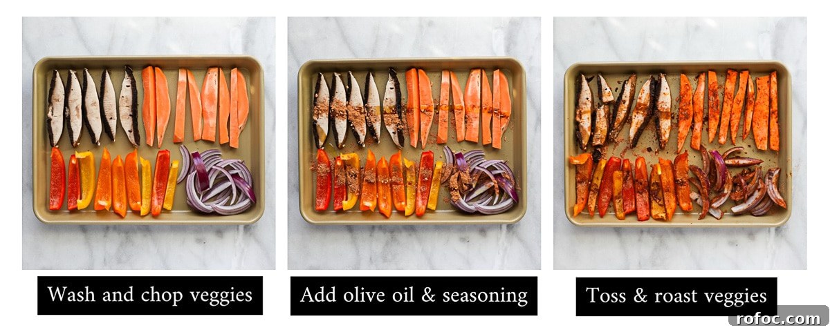 Flavor-Packed Veggie Tacos: Fresh Recipes for Every Night 4 Vegetables on a roasting pan with three steps: 1. wash and chop veggies, 2. add olive oil and seasoning, 3. toss and roast veggies.