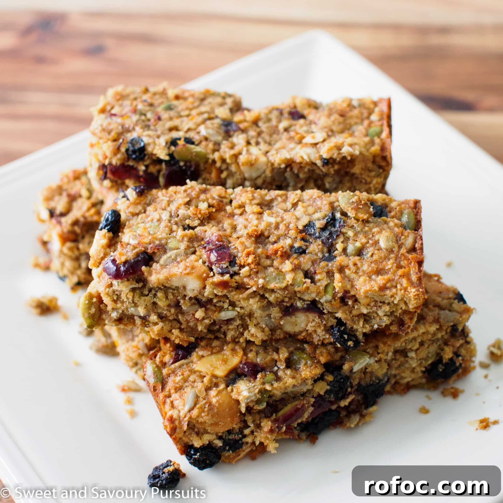 Oat, Fruit & Seed Energy Bars: Homemade No-Bake Snack Recipe 4 Dried fruit and seed bars on dish.
