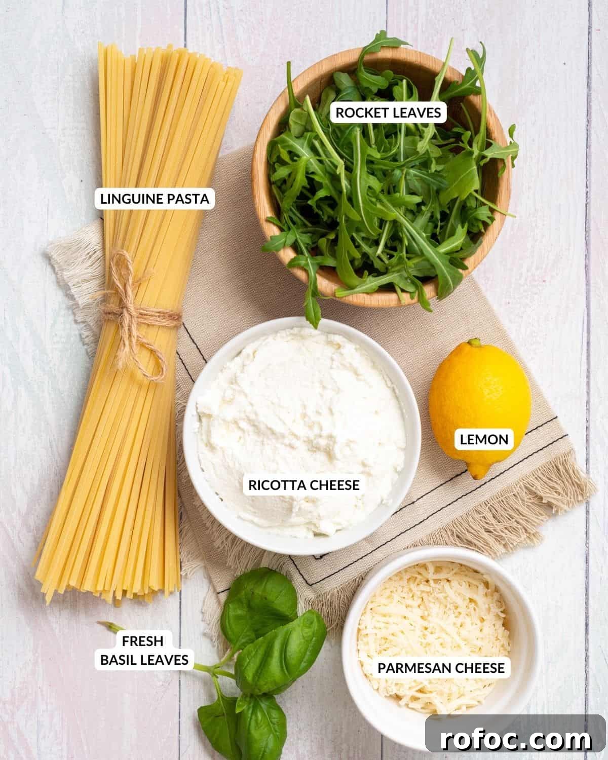 Creamy Lemon Ricotta One-Pot Pasta Recipe 3 Labeled ingredient list for lemon ricotta pasta - check recipe card for details!