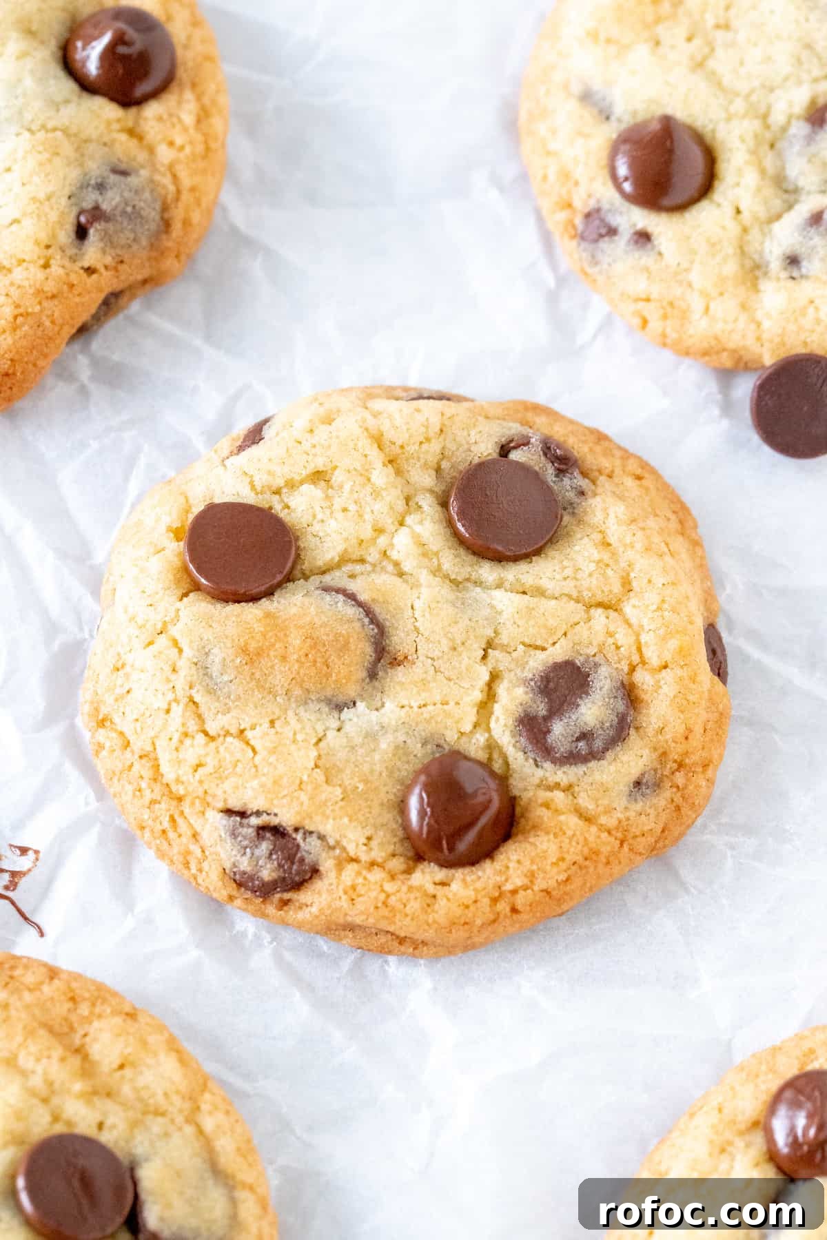 Chewy Chocolate Chip Cookies Made Without Brown Sugar 2 Chocolate chip cookie without brown sugar on parchment paper.