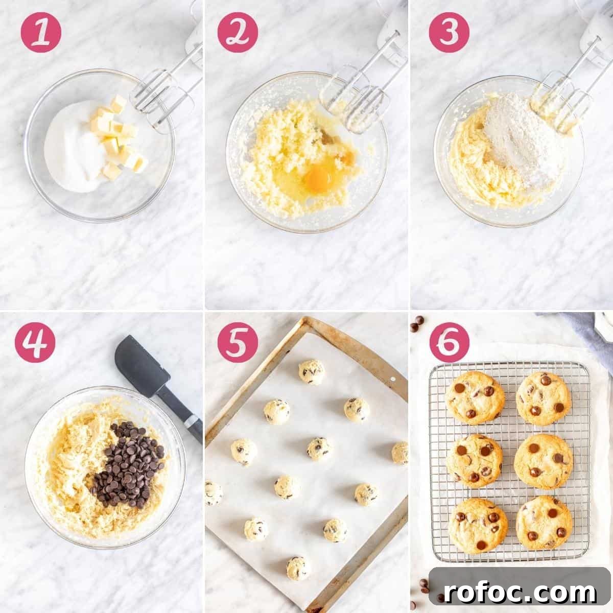 Chewy Chocolate Chip Cookies Made Without Brown Sugar 4 Collage of 6 step-by-step photos making chocolate chip cookies