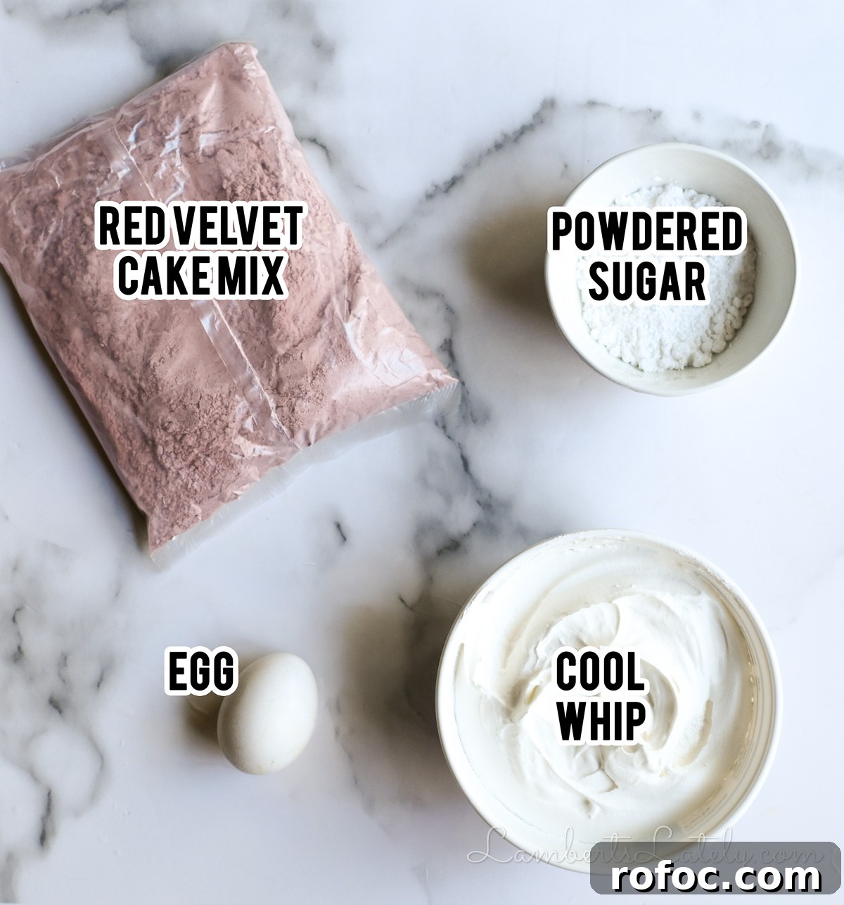 ingredients for red velvet cool whip cookies (cake mix, powdered sugar, egg, cool whip).